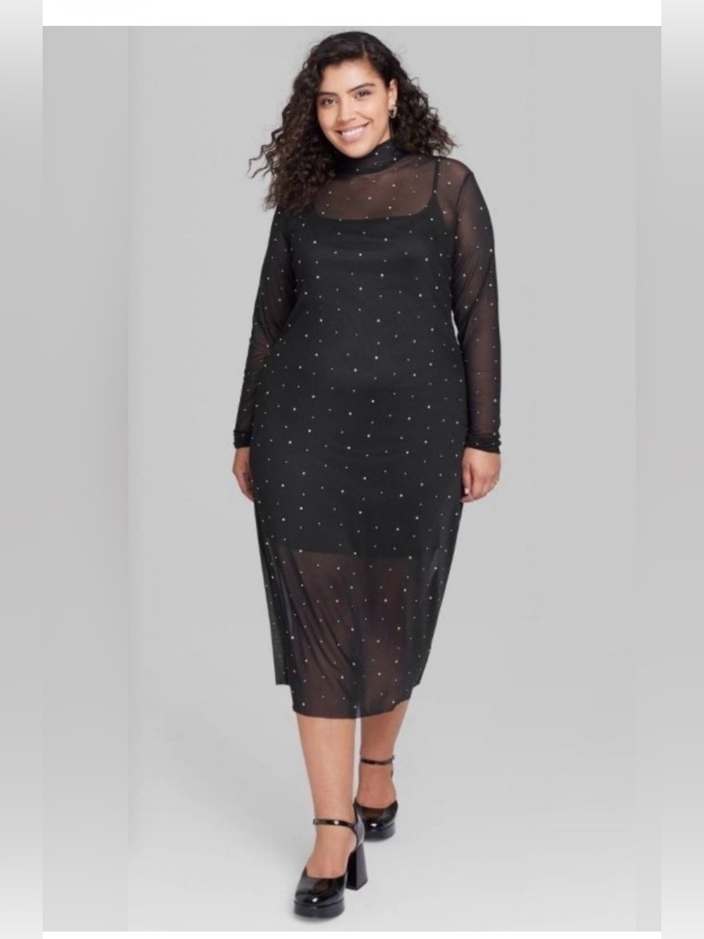wild fable Black Sheer Midi Dress with Sparkle Dots